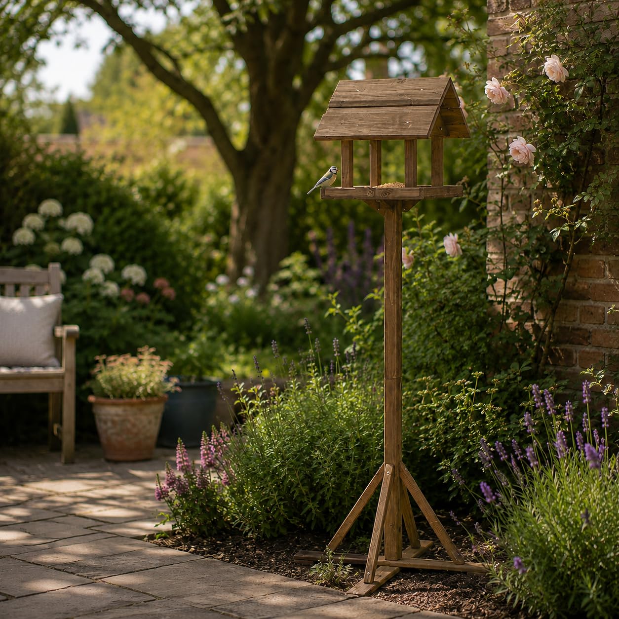 Garden Mile Tradizionale in Legno mangiatoia per Uccello da Giardino casa Dosatore impianto shelt Scacchi Nutrire Station Portatile Libero in Piedi