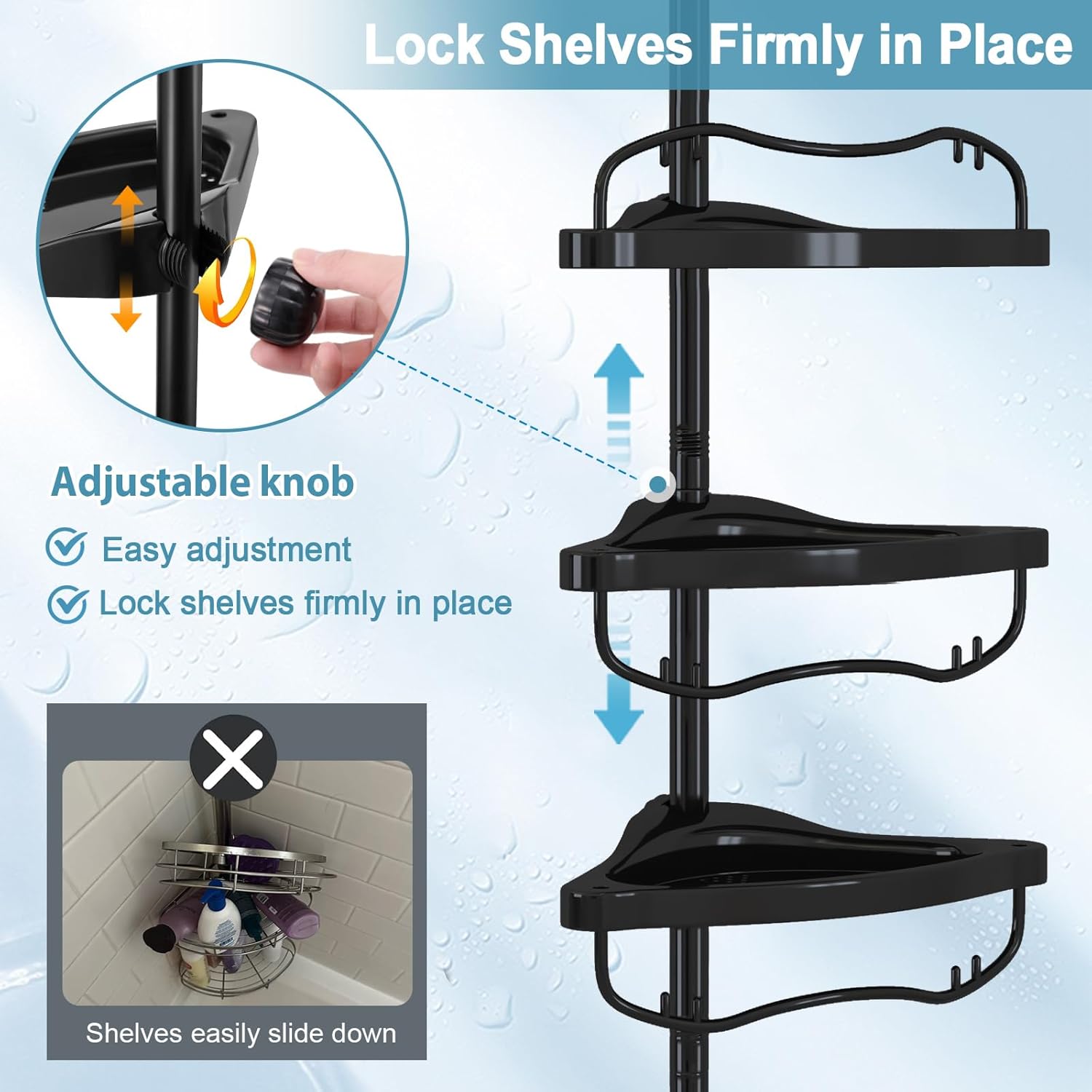 Corner Shower Caddy Tension Pole, Rustproof Bathtub Storage Organizer with 4 Adjustable Shelves, Bathroom Shower Rack Shampoo Holders for Inside Shower, 40"-120" Floor to Ceiling Shower Caddy Black