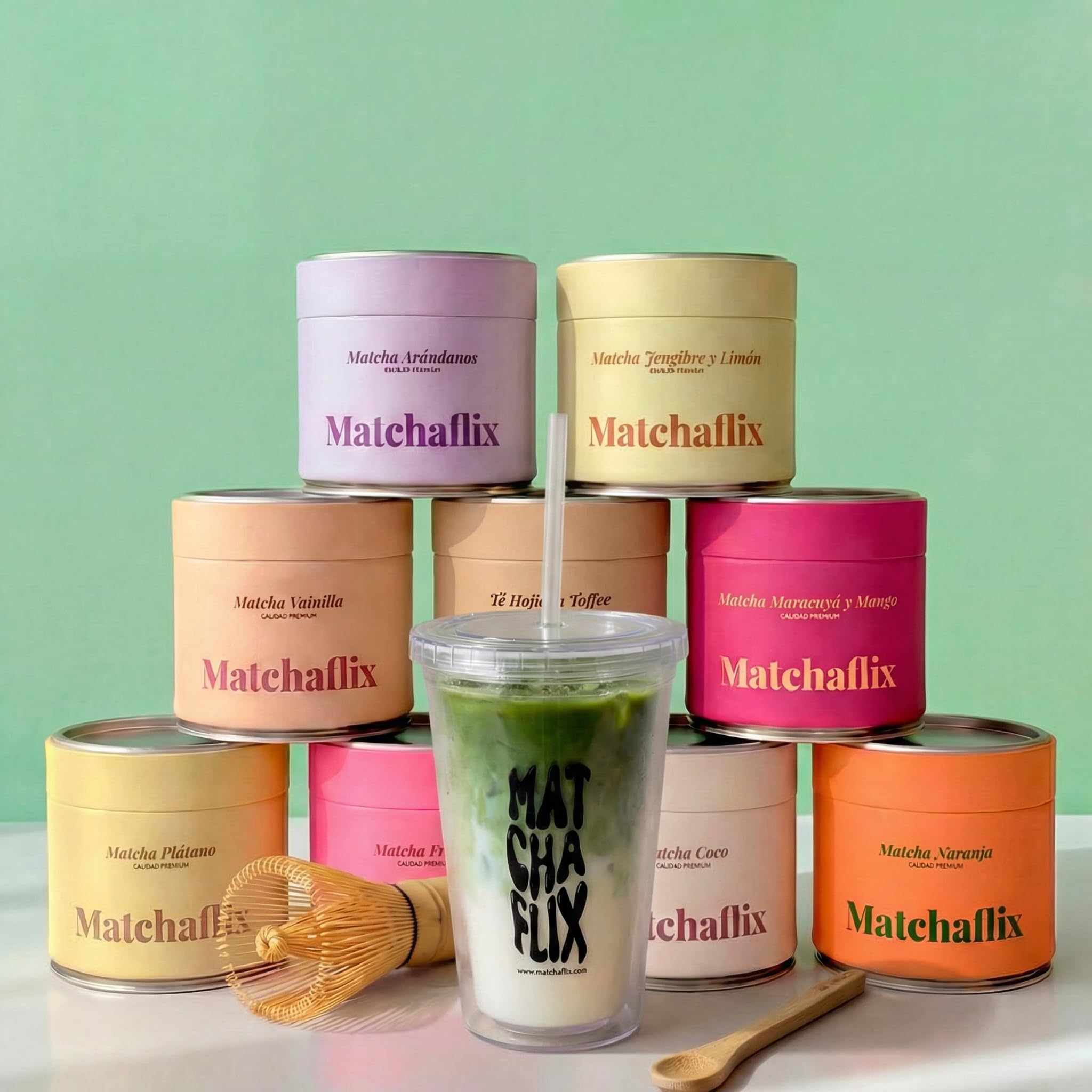 Matchaflix Pack Matcha 9 Sabores | Té Matcha Premium: Vainilla, Fresa, Mango, Melón, Arándanos, Jengibre, Cacao, Coco | Incluye Batidor, Vaso y Cuchara | Regalo Ideal