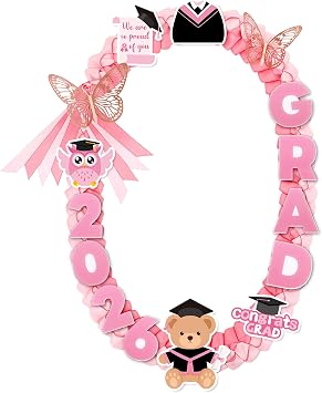 DECYOOL Kindergarten Preschool Graduation Leis for Kids Class of 2026 | Pink Double Braided Satin Ribbon 47.2 Inch Leis for Kids Graduation with Acrylic Brooches Card for Kindergarten Graduate Boys