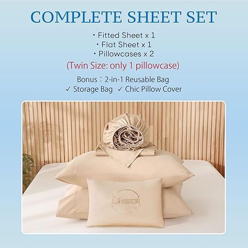 Miniatura 7 de JSD Juego de sábanas 100% algodón tamaño King, sábanas de satén beige de 300 hilos altos, sábanas suaves y transpirables con bolsillo profundo