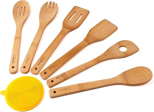 Juego de 6 utensilios de madera de bambú, cuchara de cocina de madera, herramientas de cocina para ollas y sartenes antiadherentes, espátula,