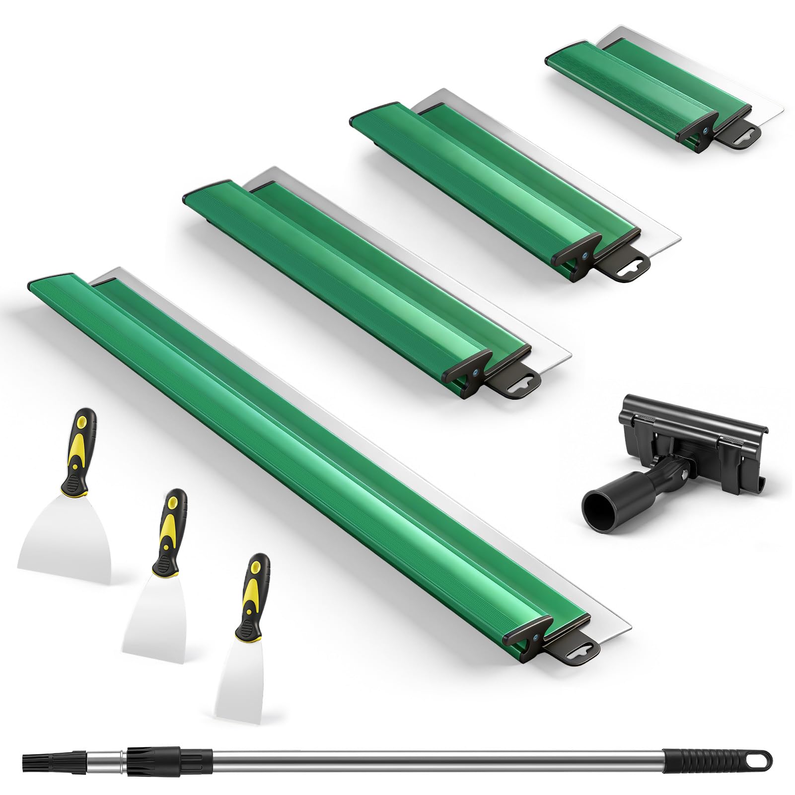 Flächenspachtel Set 4-teilig 25/40/60/80 cm mit Teleskopstange (84-150 cm) – Edelstahl Glättspachtel für Trockenbau, Putz, Wand & Decke – inkl. 3 kleinen Spachteln für Ecken & Fugen