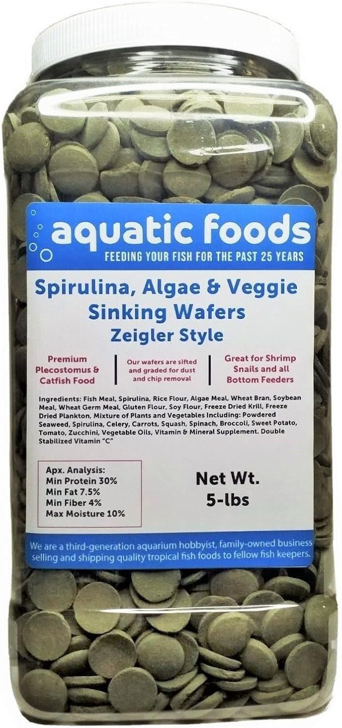 Aquatic Foods Inc. Wafers of Spirulina, Algae, Veggies, Sinking for Bottom Fish, Shrimp, Snails, Crabs, Crayfish, All Tropical Fish, Zeigler Style Wafers...5-lb Lg Jar