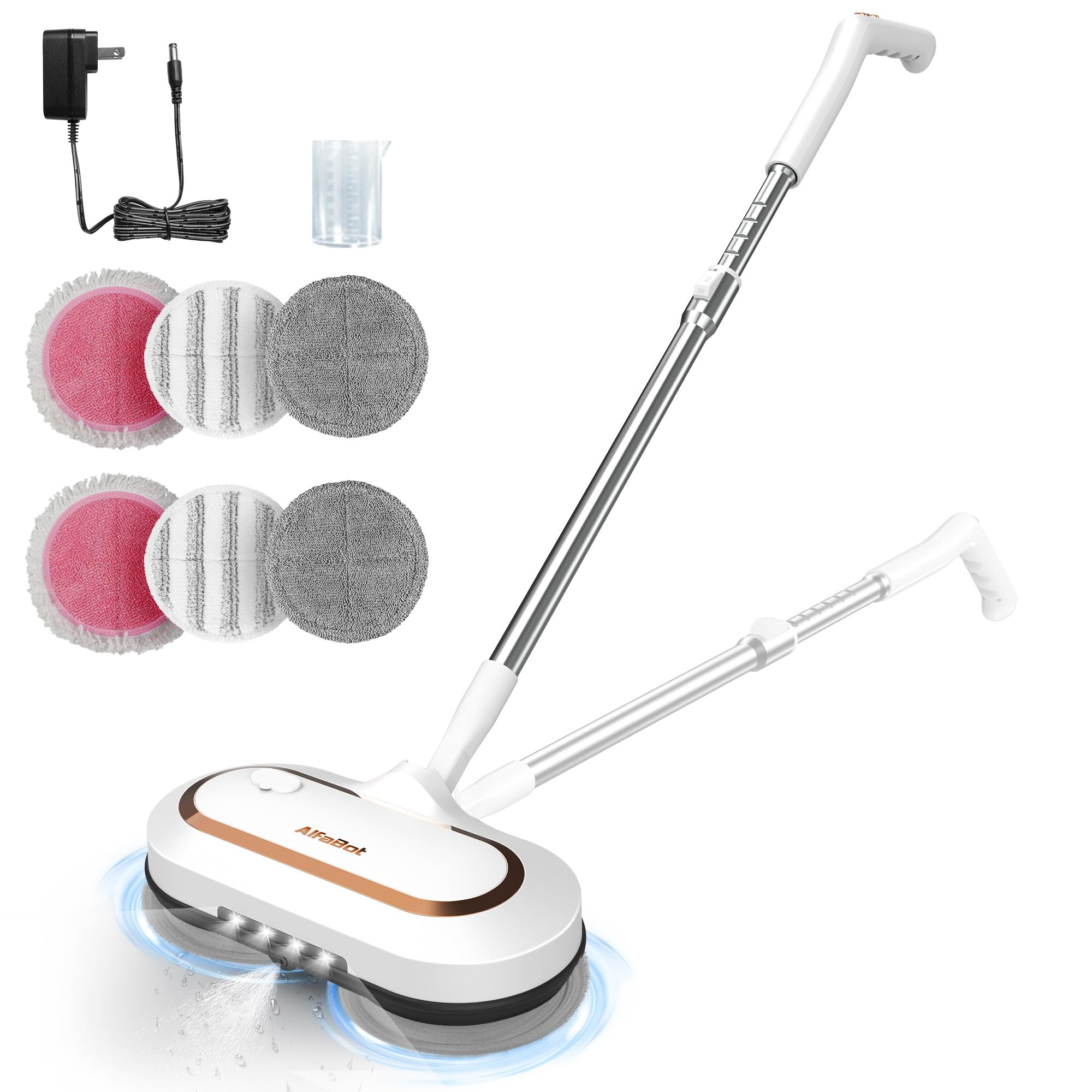 Elektrischer Mop, AlfaBot S2 kabelloser Schleudermopp für Bodenreinigung, mit LED-Scheinwerfer und Sprüher, 400 ml großer Tank/60 Minuten Laufzeit, leichter Bodenschrubber für Hartholzböden, Fliesen