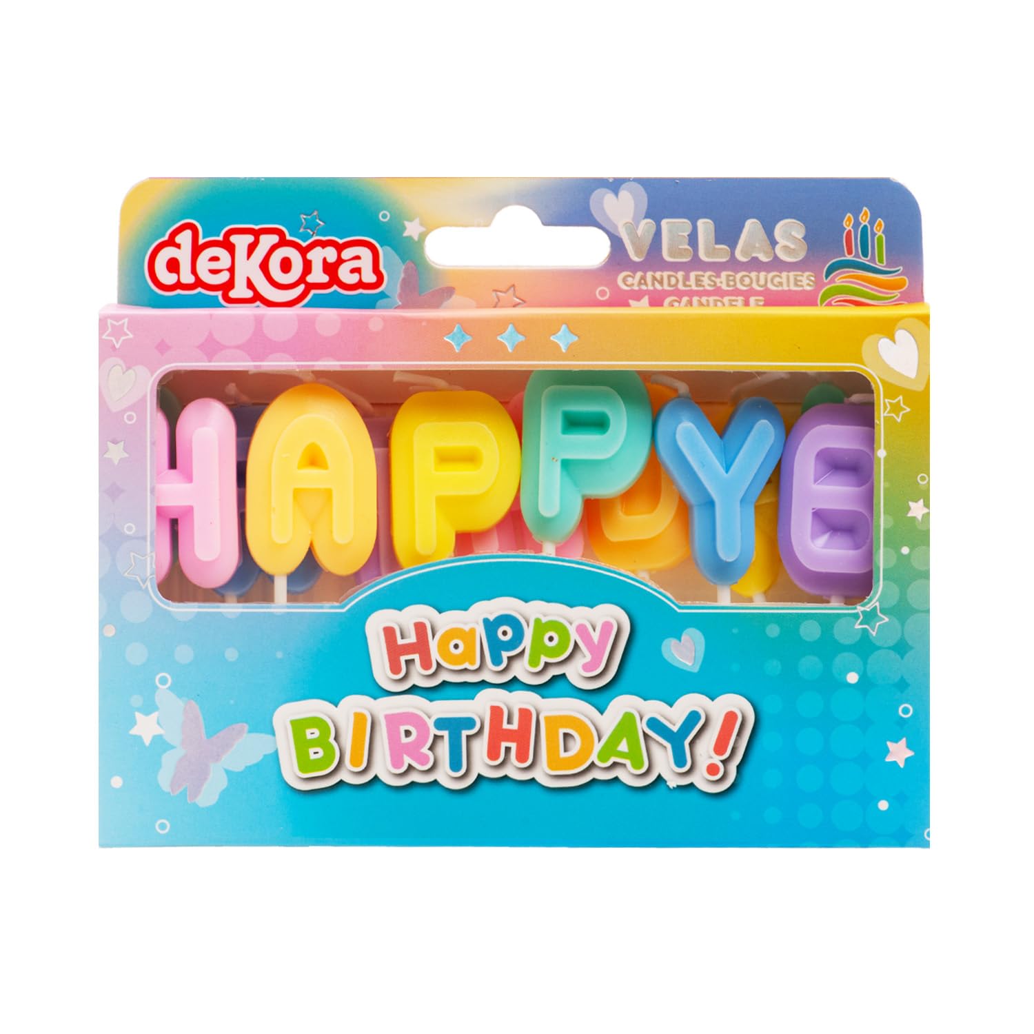 dekora - Świeczki Urodzinowe Happy Birthday 8 cm na Tort | Kolorowe litery Happy Birthday z uchwytami, Dekoracja tortu odpowiednia do kontaktu z żywnością