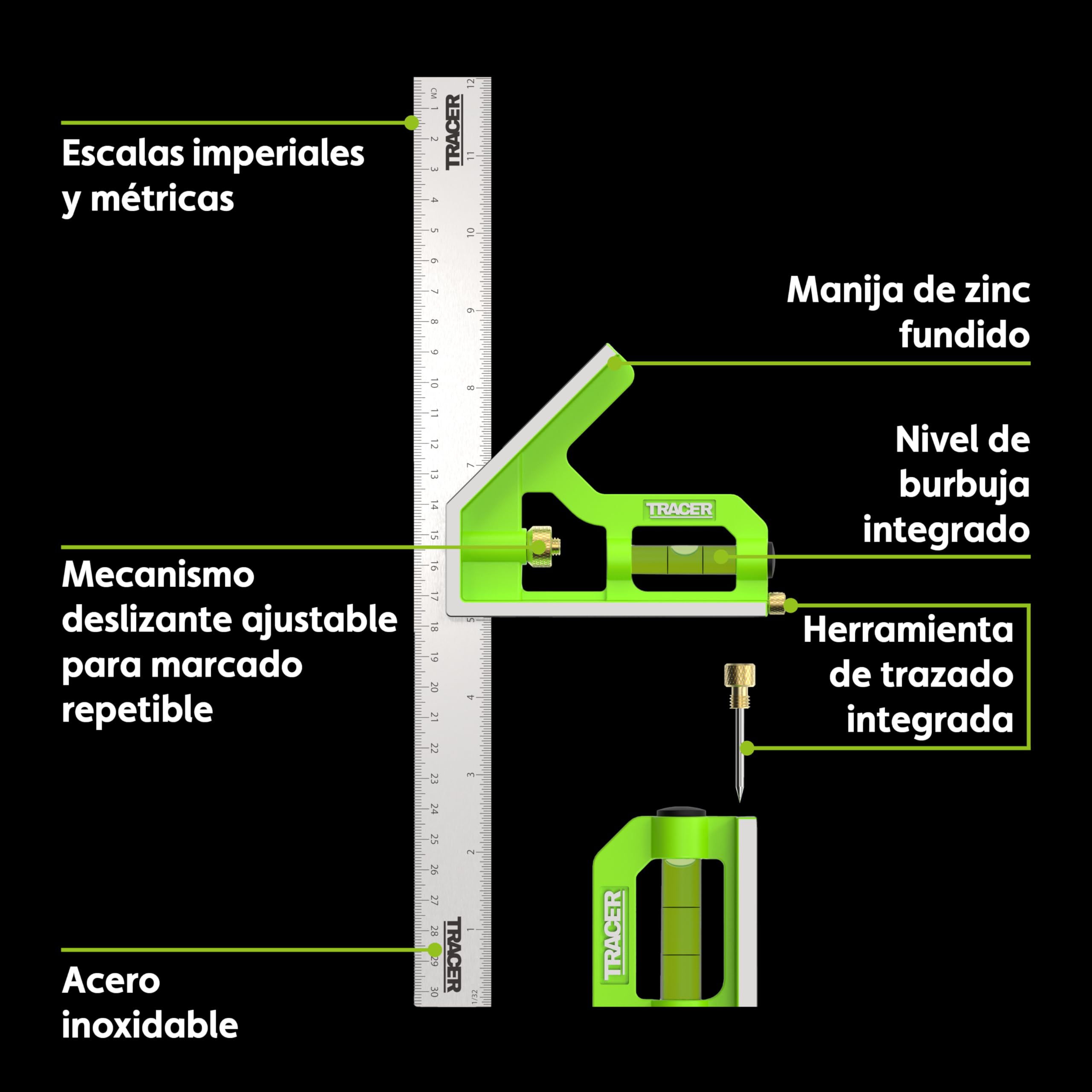TRACER Combinación cuadrada de 300 mm. Herramienta de medición de 45/90 grados con nivel de burbuja integrado y herramienta de escritura. Escalas métricas e imperiales