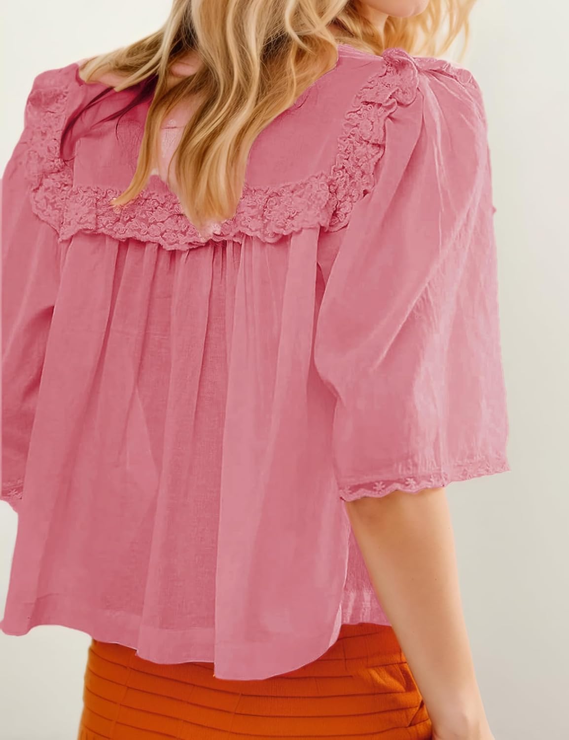 Womens Summer Boho Lace Half Sleeve Beach Tops Button Down V-Neck Chiffon Ruffle Trim Blouse Shirts Y2k Clothes - Image 3