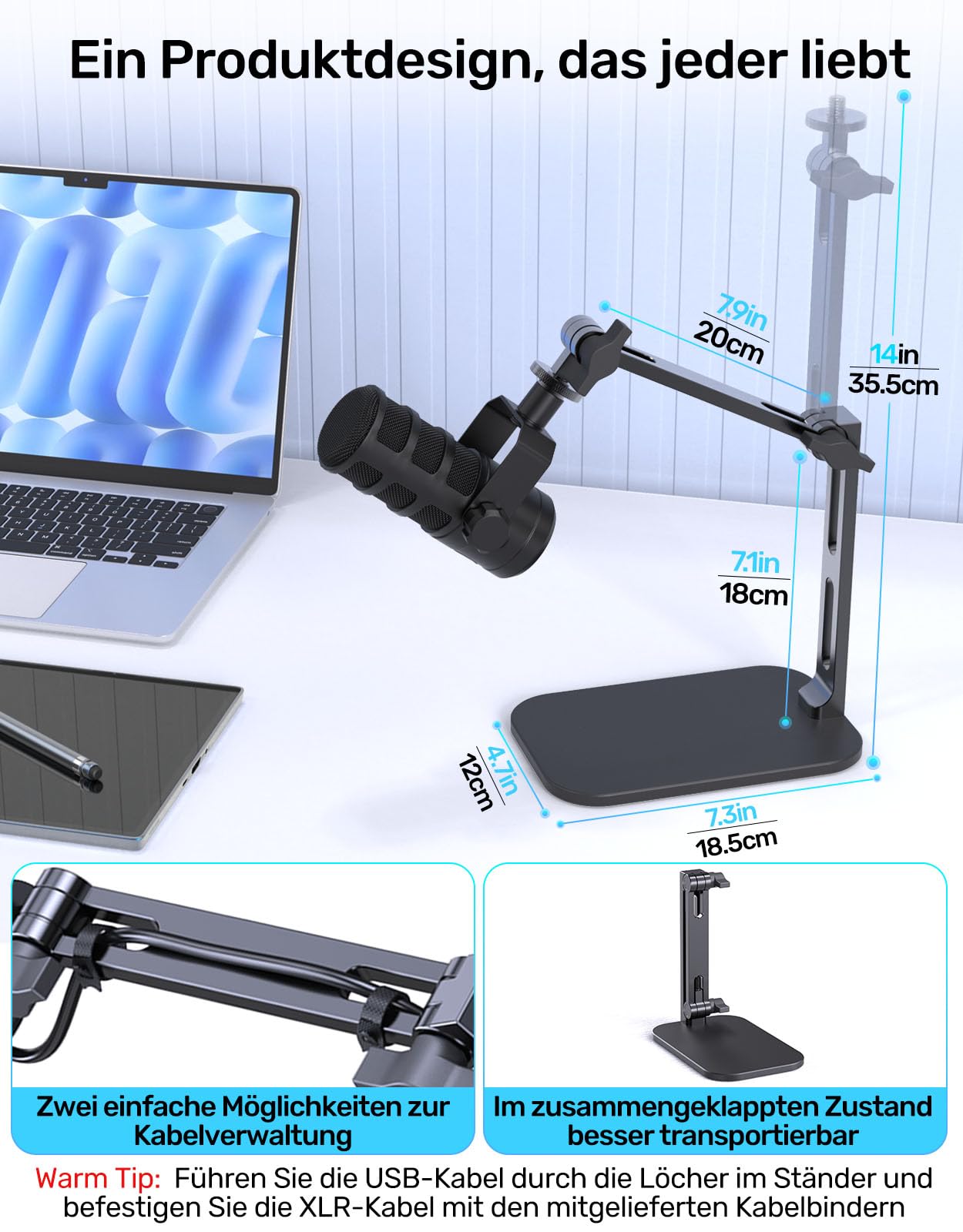 Heavy-Duty Desk Mic Stand,Studio-Arm für Mikrofone Verstellbarer Arm mit Schwerem Sockel (Maximale Belastung 1,2KG) Robuster Mikrofonständer für den Schreibtisch, Kompatibel mit Rode Podmic