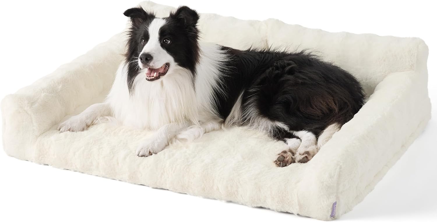 Lesure Orthopedic Dog Beds for Large Dogs, Cute Waterproof Dog Couch with Supportive Egg Foam, Washable Large Cat Sofa with Fluffy Faux Fur Bubble Cover, Non-Slip Bottom Dog Crate Bed, White 35.0"L x 25.0"W x 10.0"Th Powder White