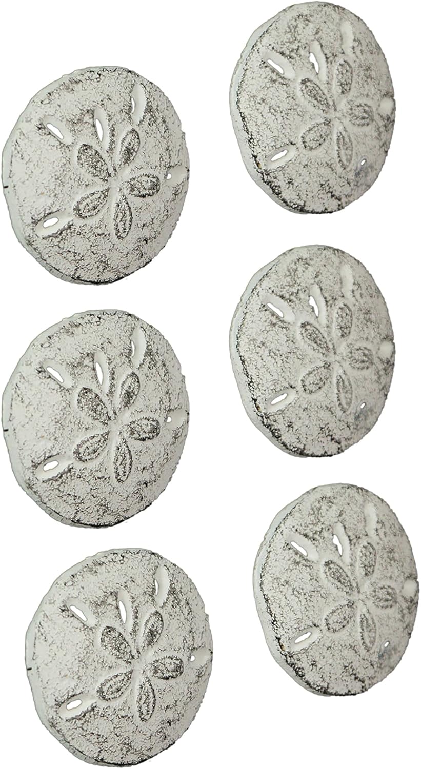 Zeckos Antique White Sand Dollar Drawer Pulls – 6-Piece Set, 2.25" Diameter, Coastal Cast Iron Knobs for Cabinets, Dressers, Beach House Decor