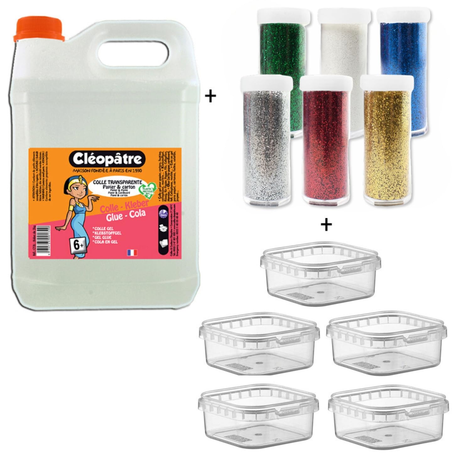 Cléopatre - Pack Pegamento Transparente 2kg + 6 Tubos de Purpurina + 5 Cajas de Almacenamiento - Pegamento Fabricado en Francia, Sin Disolventes, Limpieza con Agua - A partir de 6 Años