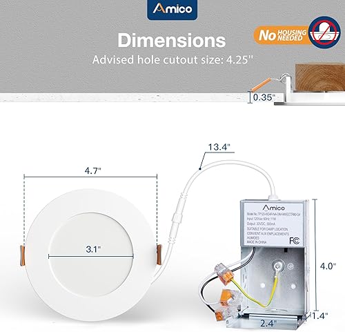 Miniatura 5 de Amico Paquete de 20 luces LED empotrables ultrafinas 5CCT de 4 pulgadas con caja de conexiones, 2700 K3000 K4000 K5000 K6000 K seleccionables, 10 W