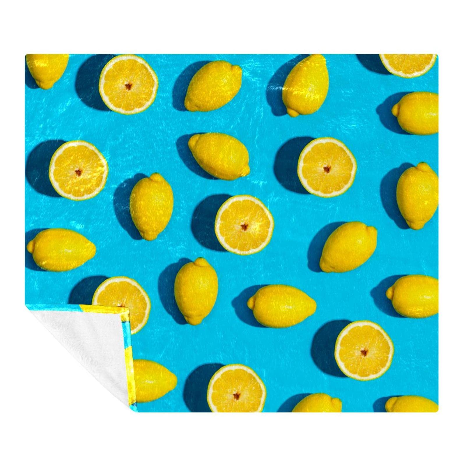 Coperta in pile, super morbida, lussuosa, estiva, motivo limone, colore: blu
