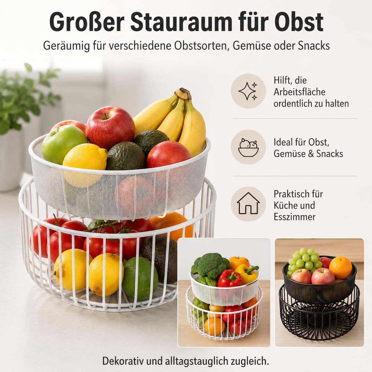 Pealeaf Obstkorb mit Deckel, Metall Obstschale mit Fliegenschutz, Obstkorb aus Drahtgeflecht mit Netzdeckel, Obst- und Gemüsehalter für Küche Arbeitsplatte Aufbewahrung (1PCS-Black)