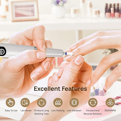 Miniatura 5 de FRANDY Taladro de uñas inalámbrico mejorado 501, 10 horas de duración de la batería, taladro eléctrico portátil de 35000 RPM, pantalla táctil LED,