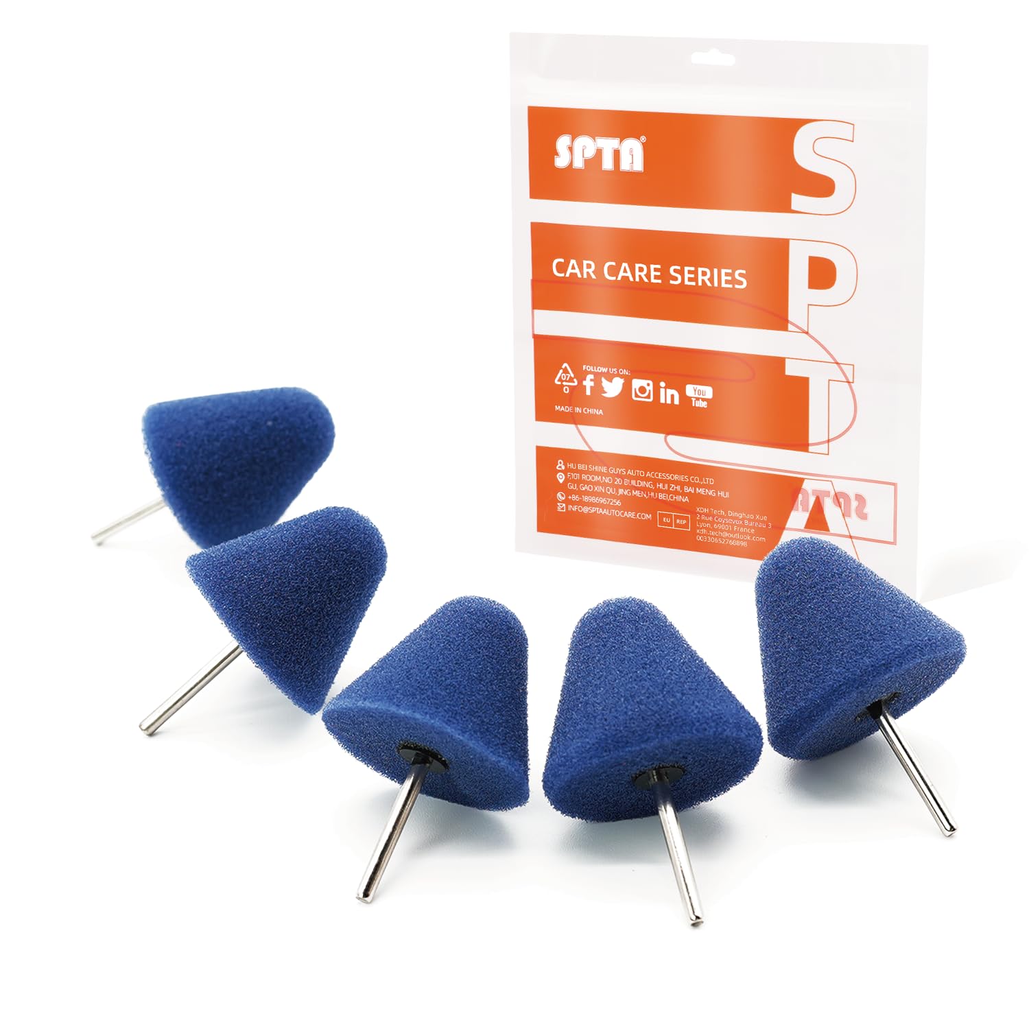 SPTA Blue Mdium Cut Mini Cone Polishing Pad Sets with 1/8" Shank, 5Pcs Orange Flexible Shaft Cone Polishing Pad Set,Car Detailing Pads for Small Area for Flexible Shaft &amp; Drill Attachment -PT190-5