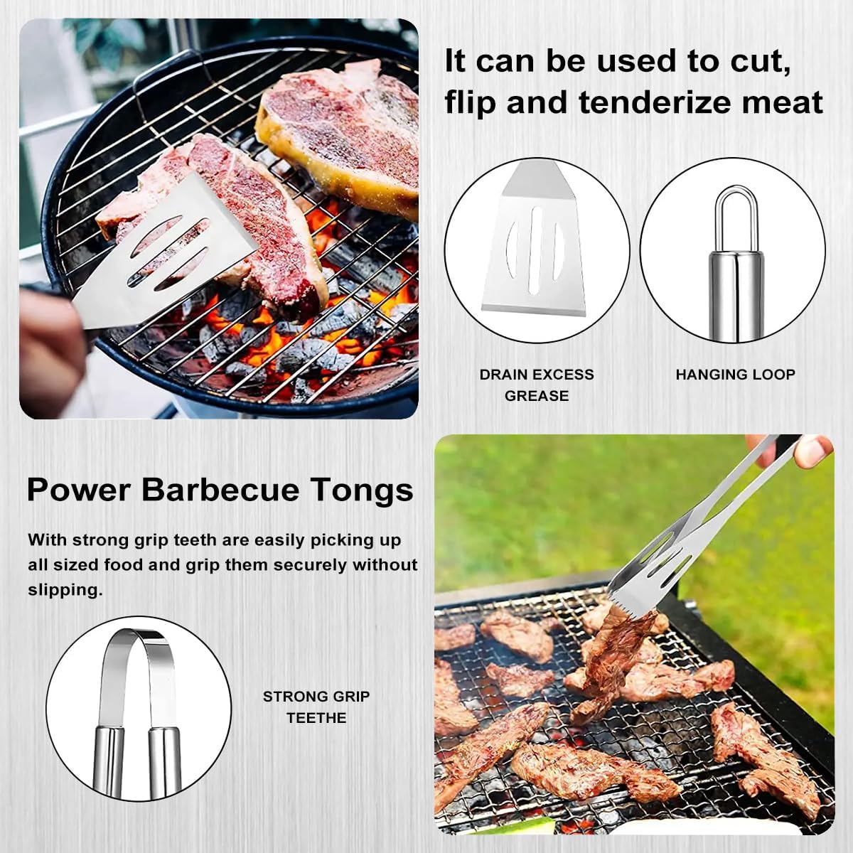 BBQ Grill Tool Set, 3Pcs Stainless Steel Barbeque Grilling Tool Set, Includes a Spatula/Fork/Pair of Tongs, and a Cloth Storage Bag, BBQ Tools for Backyard Outdoor Kitchen (3 Pack) - Image 6