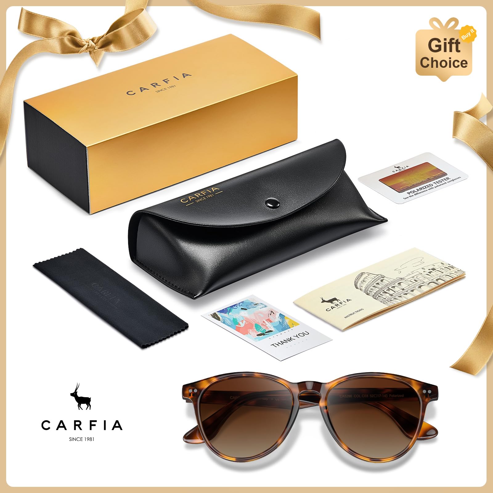 CARFIA Retro Sonnenbrille für Damen Polarisiert UV400 Schutz Kleine Gesicht | Elegant Rund Acetate Sunglasses, Schildkröte Muster, Geschenk für Schmal Gesicht Frauen & Ältere Jugendliche, Brillenetui