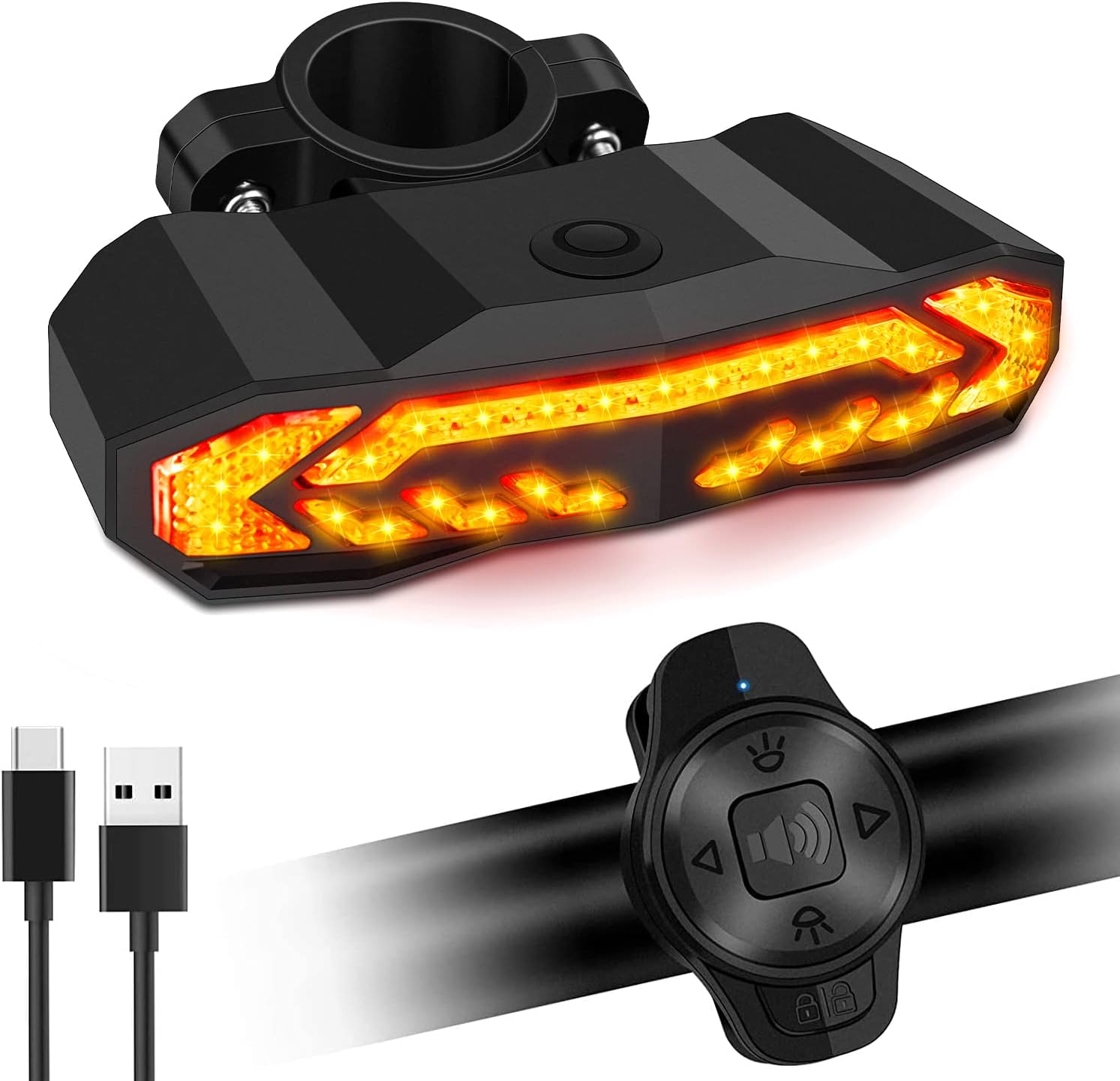 Luz trasera inteligente para bicicleta, señales de giro para bicicleta con alarma, señales de giro de bicicleta recargables por USB con campana de