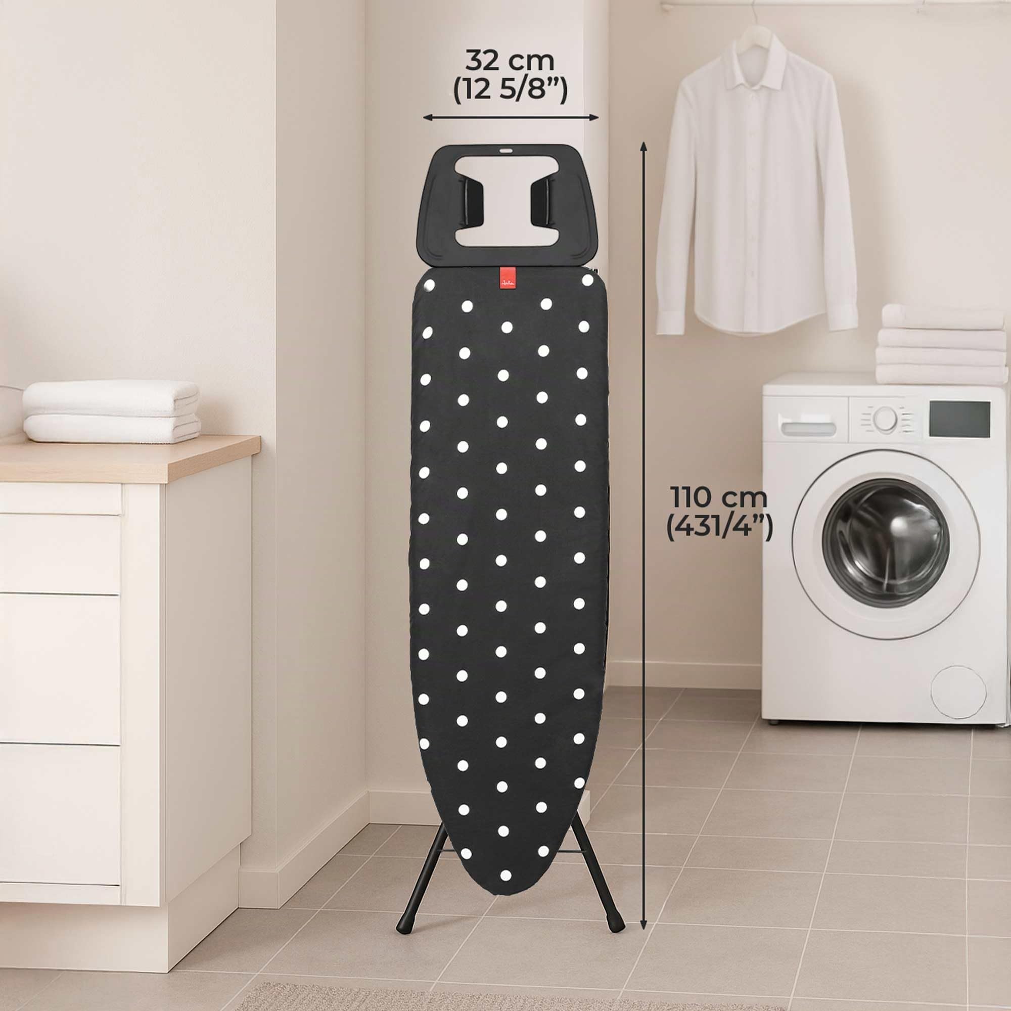 JATA HOGAR HPLA8100 Asse da stiro con superficie da stiro 110 x 32 cm Altezza regolabile fino a 92 cm Appoggio per stirare piegato Dimensioni: 150 x 40 x 7 cm