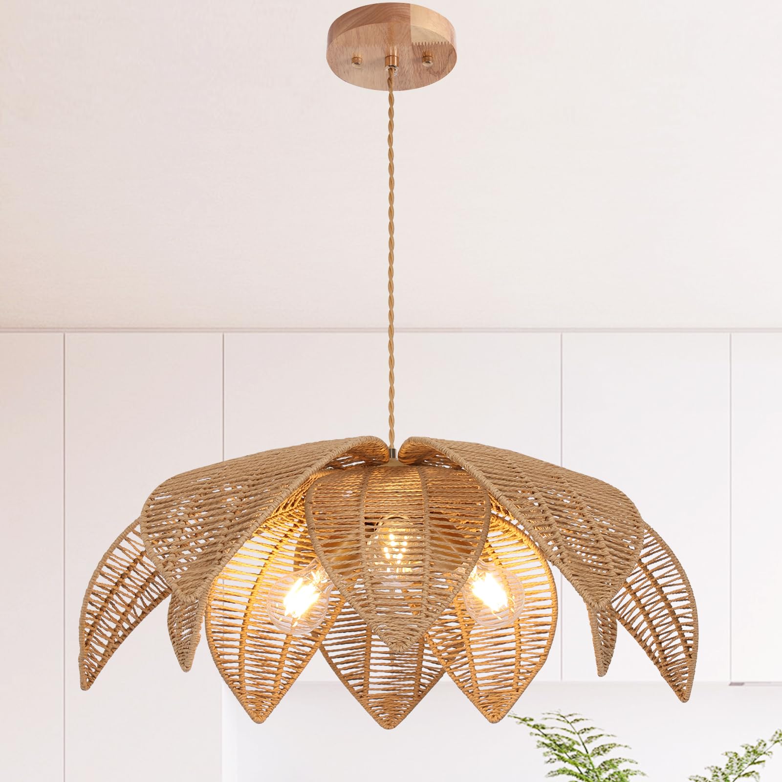 Photo 1 of WYYSDWNE Farmhouse Chandeliers for Dining Room, 3-Light Rattan Boho Chandelier Light Fixture Hand Woven Wicker Pendant Light 24", Coastal Hanging Pendant Light for Kitchen Island Bedroom Living Room