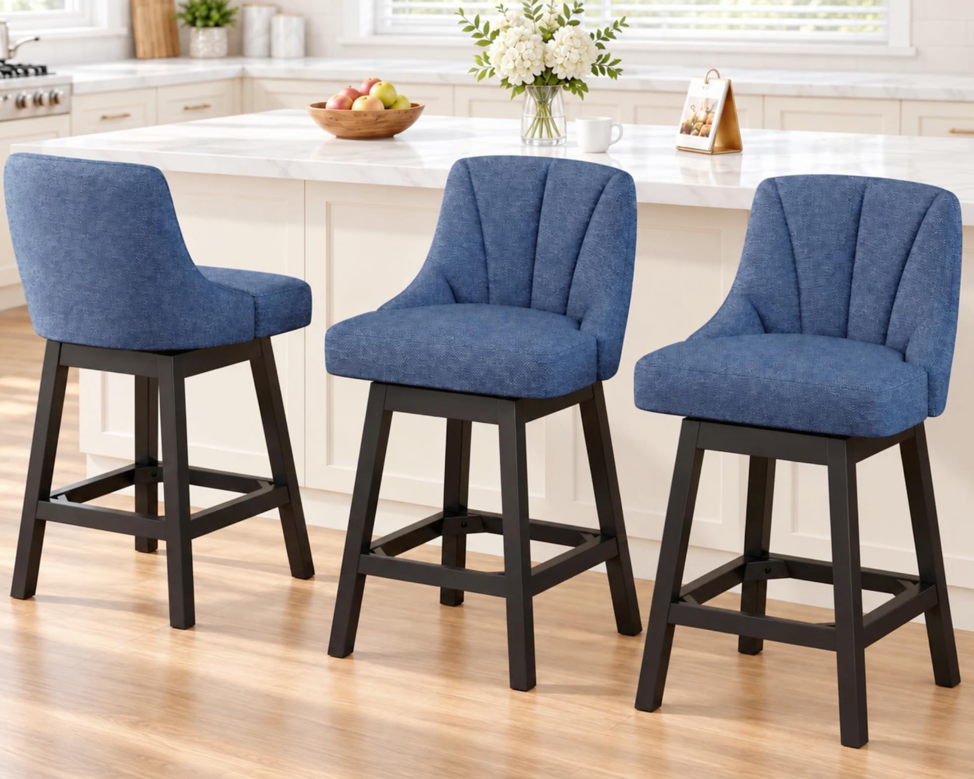 YaFiti 26" Swivel Bar Stools Set of 3 with Back &amp; Wood Legs, Fabric Navy