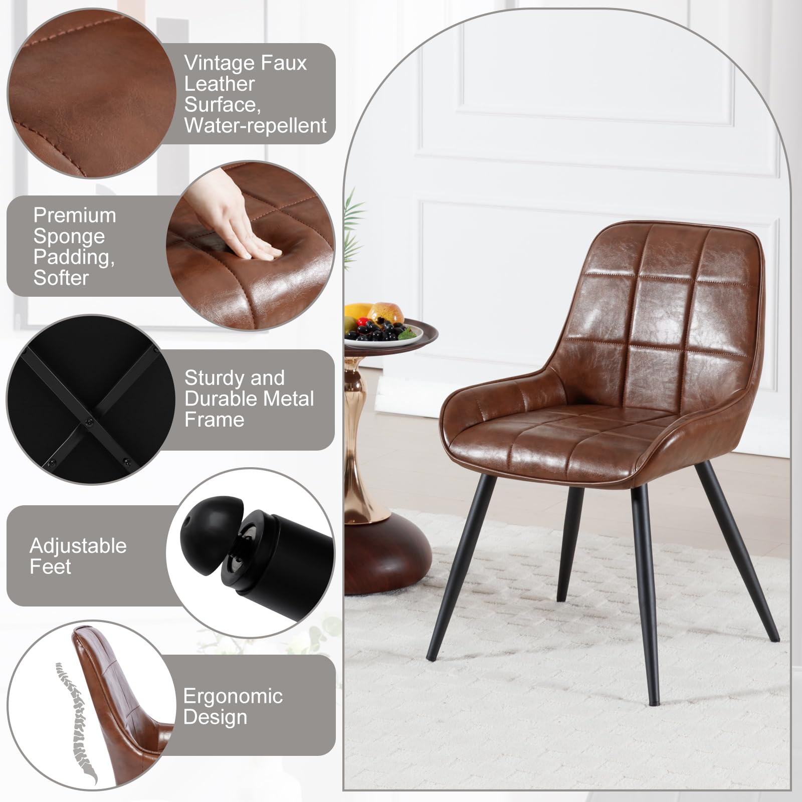 chairus Set van 2 eetkamerstoelen, PU-leer, gestoffeerde keukenstoelen, moderne receptiestoelen voor woonkamer (bruin