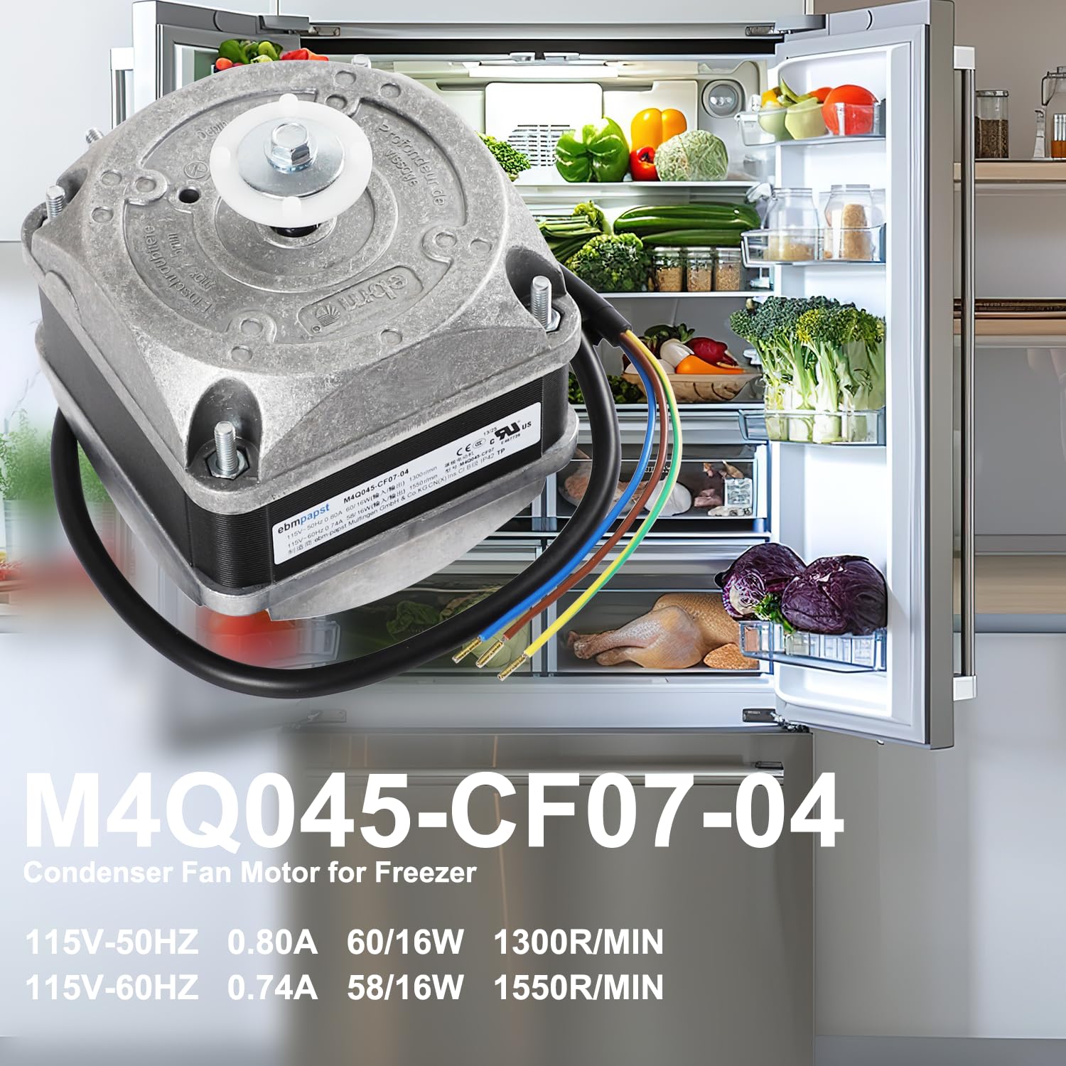 M4Q045-CF07-04 Freezer Condenser Fan Motor for Refrigerator Refrigeration Equipment, Shield Level 115V AC Motor 0.80/0.74A 50/60Hz 1550RPM Cover Pole Hood Motor