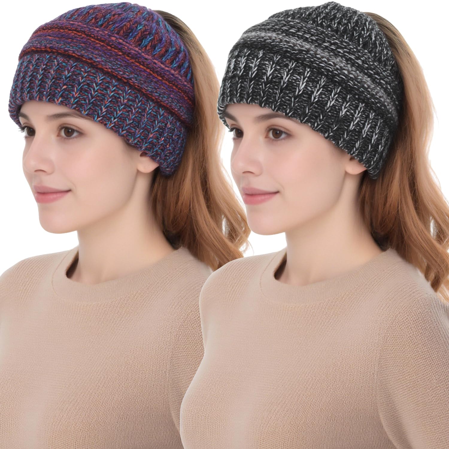 EINSKEY Women's Knit Ponytail Beanie, 2-Pack Winter Warm Thick Skull Cap Soft Stretch Cable Knit Messy Bun Hat