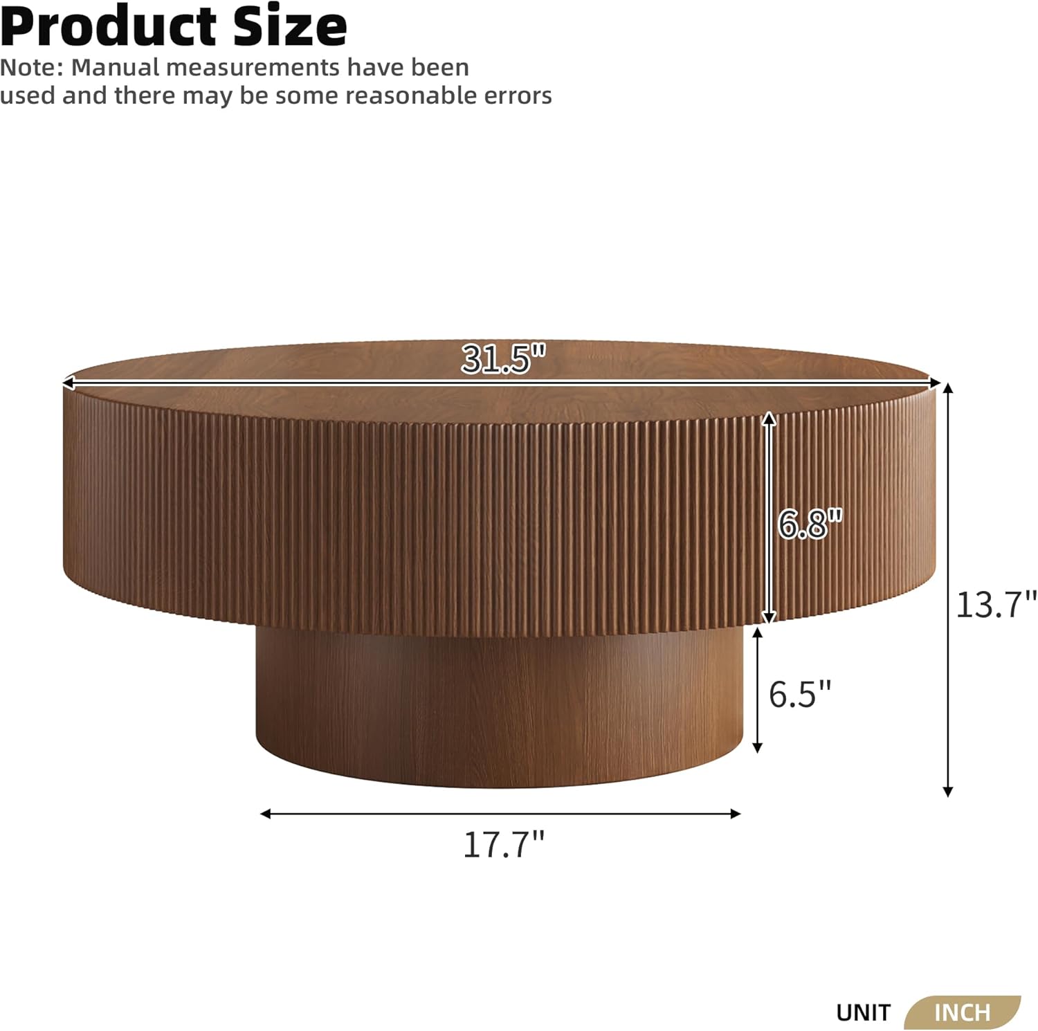 31.5" Round Wood Coffee Table for Living Room Mid Century Modern Contemporary Boho Minimalist Flutted Circle Drum End Center Coffee Tables with 6.8" Thick Tabletop and Pedestal for Apartment Walnut