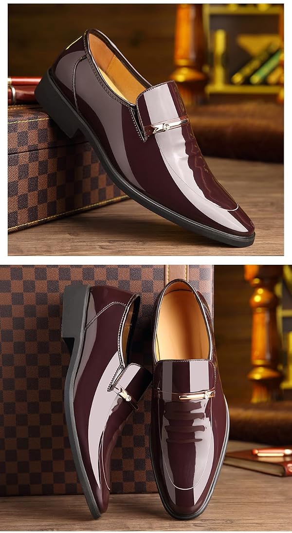 Men's Classic Business Dress Shoes, Oxford Work Formal Shoes, Patent Leather Slip-On Loafers Wedding Dress Shoes (one Pedal Wine red,10.5) by Fenlogft - Used condition - Image 4