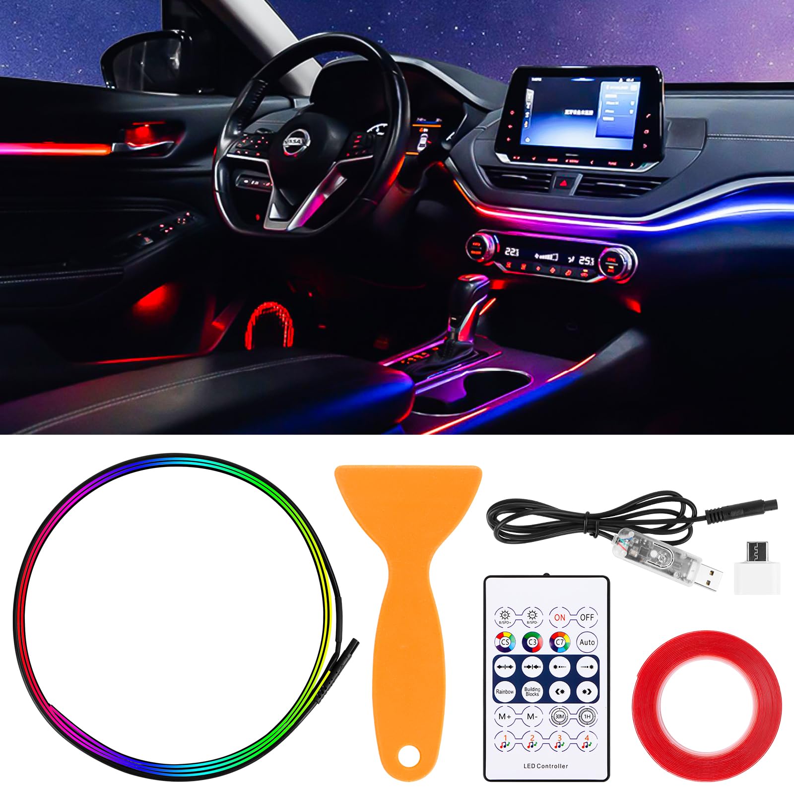 Byffoer LED Innenraumbeleuchtung Auto USB 110cm Auto Ambientebeleuchtung mit Fernbedienung Auto Innenbeleuchtung Geschenke für Männer Frauen