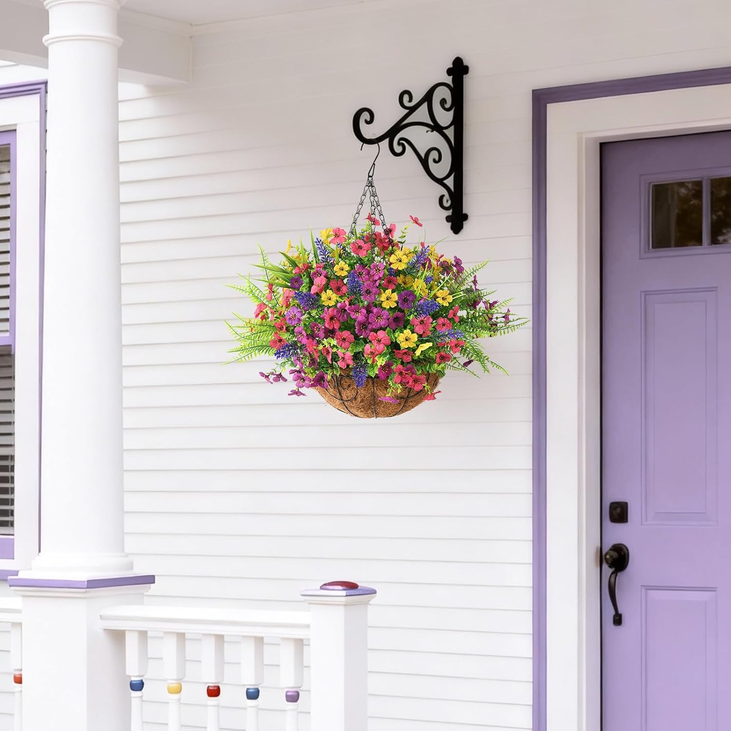 Artificial Faux Hanging Plants Flowers Basket for Spring Outdoor Outside Decoration, 12 Bundles Faux Silk Daisy and Ferns with Lavender UV Sun Resistant Look Real for Porch Home Patio Balcony Yard