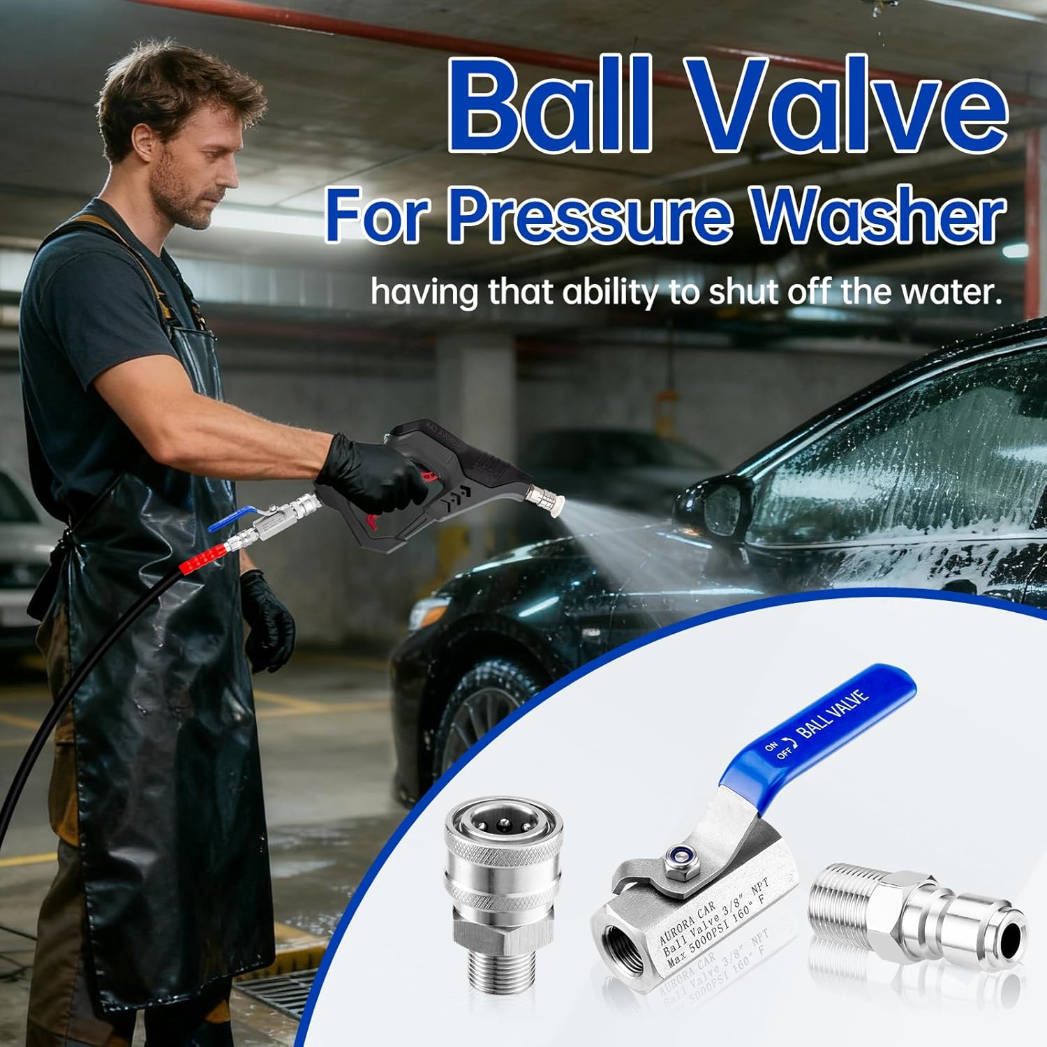 AURORA CAR Ball Valve Pressure Washer, 3/8" Quick Connect Ball Valve for Power Washer Hose, 5000 PSI Shut Off Valve for High Pressure Washer Hose, Stainless Steel