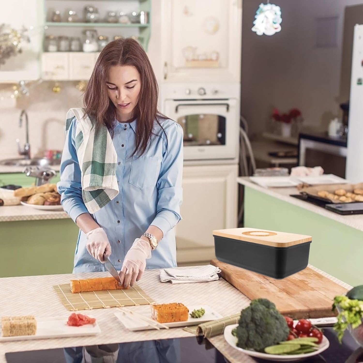 Angoily Kitchen Bread Box with Cutting Board Lid Black Food Storage Container for Countertop Bread and Toast for Home and Bakery Use