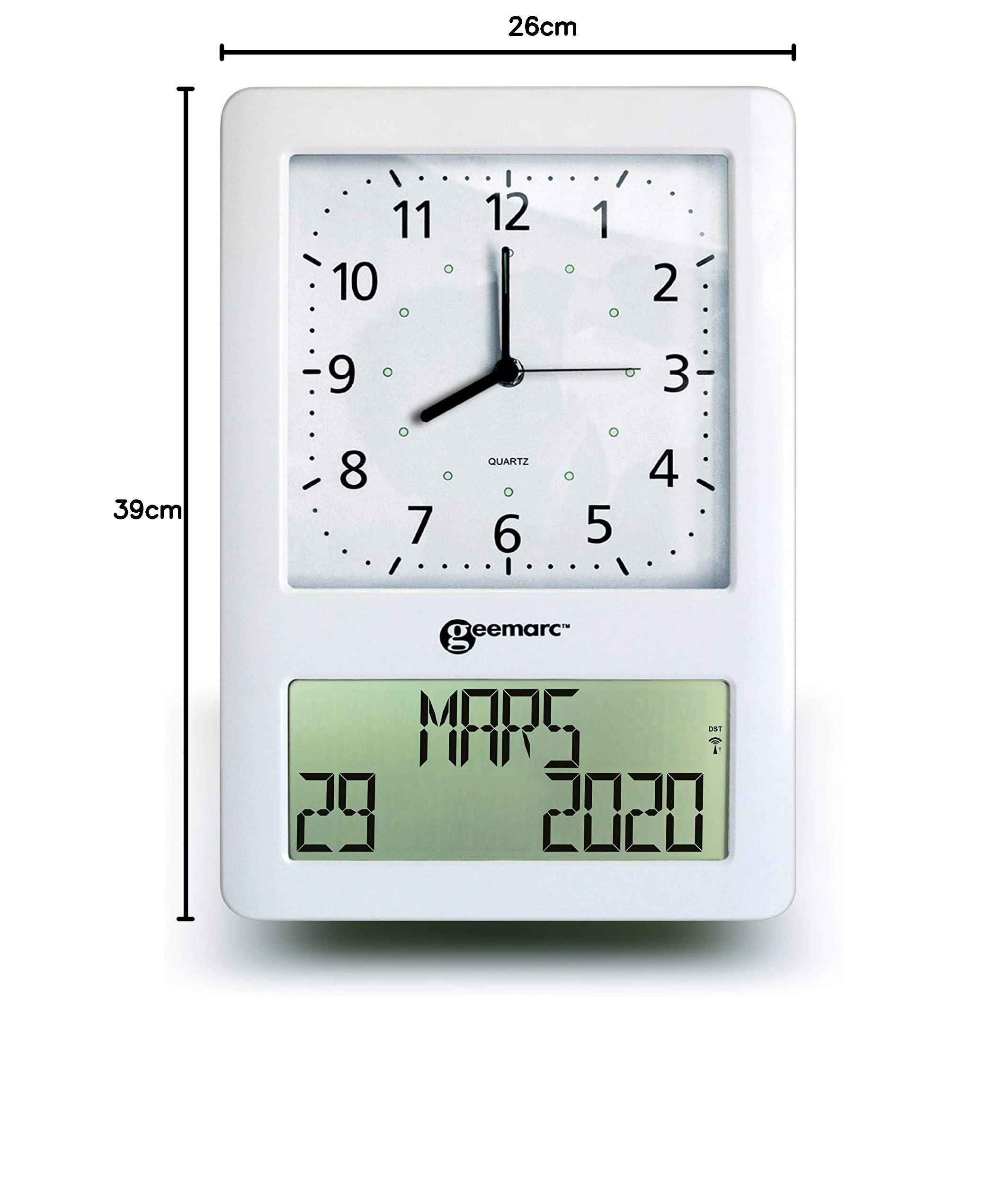 Analoge Großuhr mit vollständigem Datum und Uhrzeit auf digitalem Display - Die Viso50 von Geemarc stellt Sich automatisch EIN - Ideal für Senioren - Batteriebetrieben - Version DE