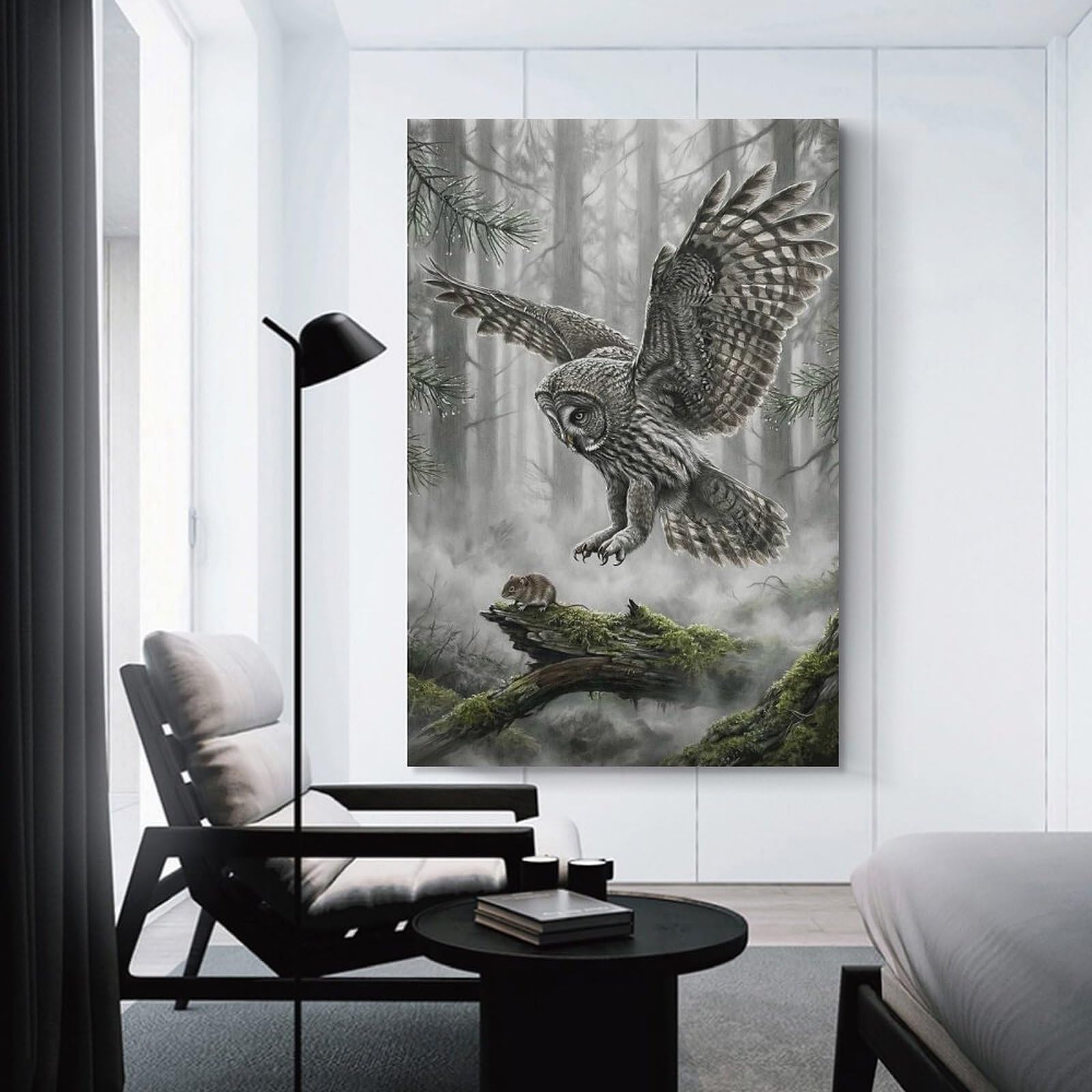 Junmoney Owl Hunting Mouse in Misty Forest Decorative Wall Artwork, 24x36inch(60x90cm), for New Homes, Bedrooms Or Workspaces, Gift Idea for Housewarming And Birthdays