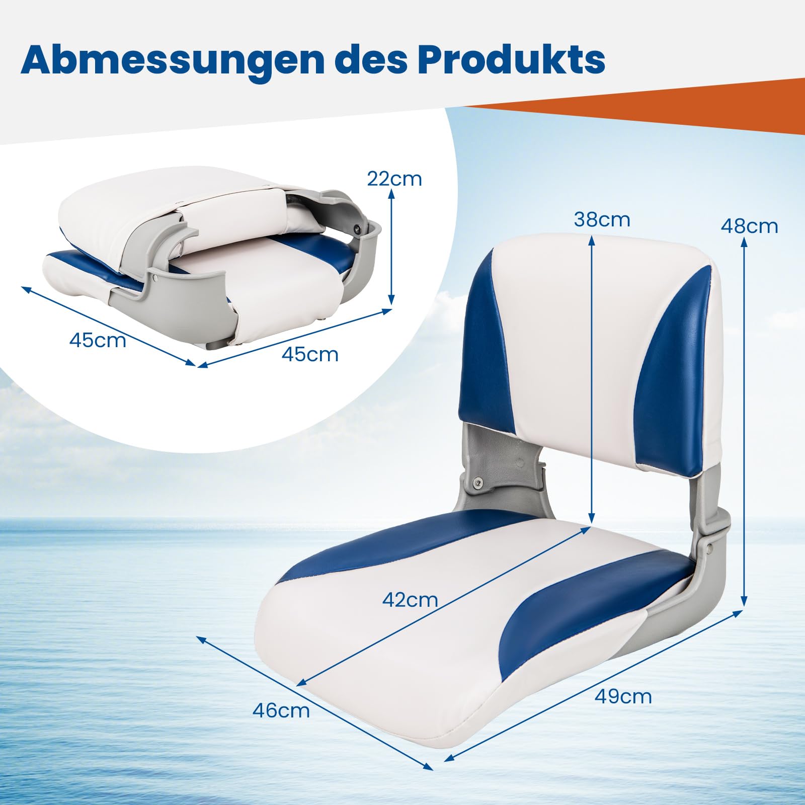 GYMAX Set de 2 Sillas Plegables para Barco, Silla de Timón Resistente a la Intemperie con Almohadón de Espuma Gruesa y Superficie de PVC Impermeable, Silla Ergonómica para Barcos, para Yates, Botes