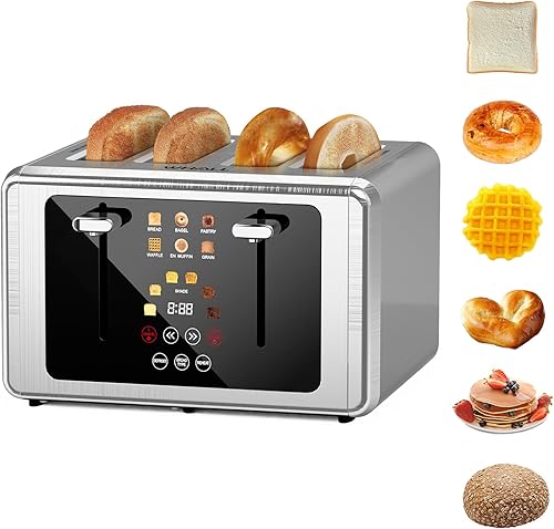 whall Tostadora de Pantalla Táctil de 4 Rebanadas, Tostadoras de Acero Inoxidable con Temporizador Digital, Tostadoras de Panel de Control Dual, 6