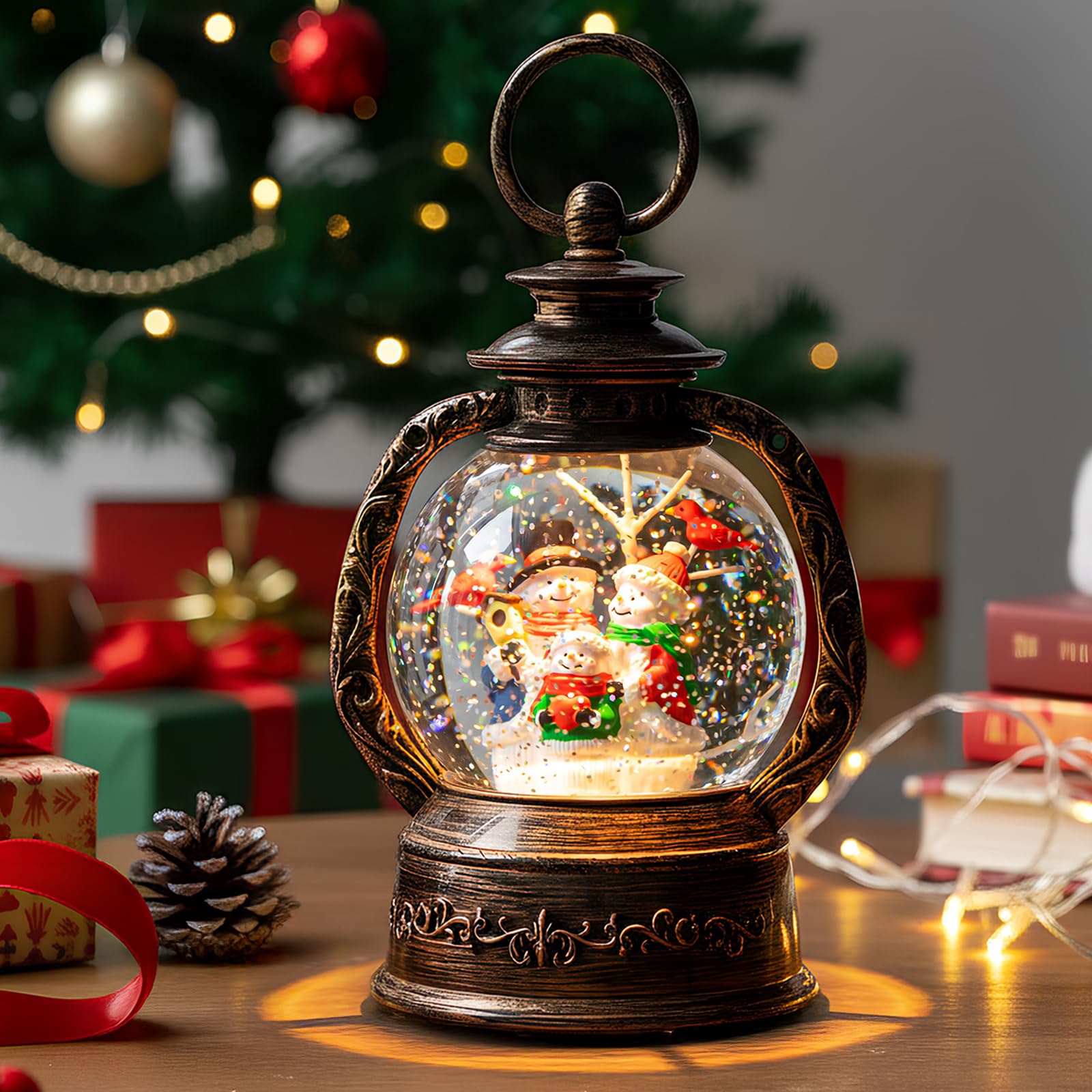 Christmas Snow Globe Lantern Water Glittering Snowman with Music, USB Lined/Battery Operated Lighted Lantern for Christmas Festival Decoration Gifts