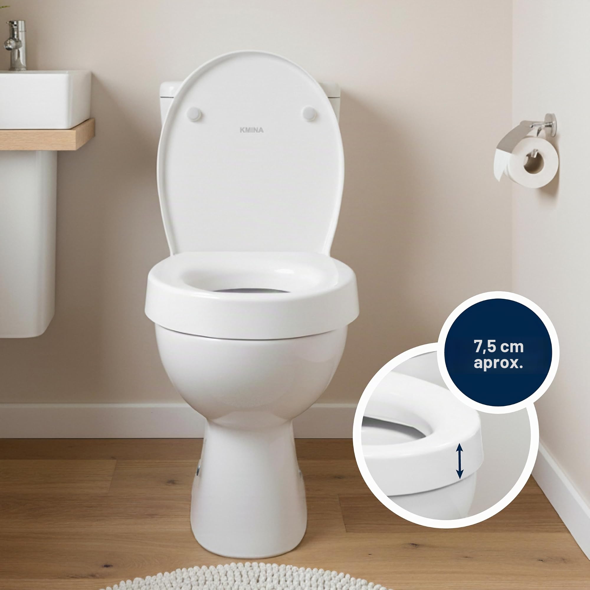 KMINA Elevador WC Adulto con Tapa de Cierre Suave, Altura 7,5 cm, Compatible con Inodoros Estándar Ovalados, Material Duroplast, Blanco, Instalación por la Parte Trasera