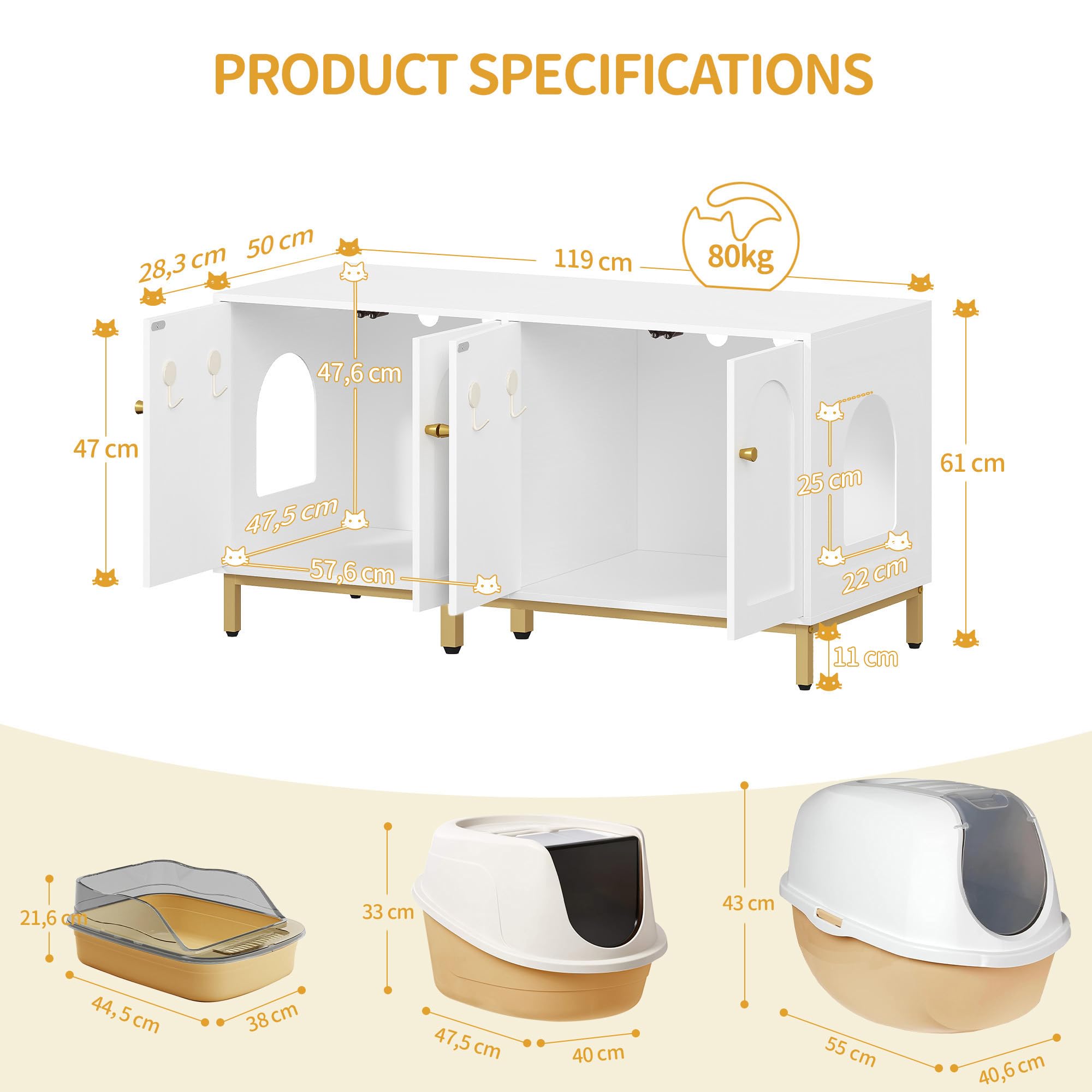Hzuaneri Caja de Arena para 2 Gatos, 119cm Mueble para Caja de Arena Oculta, Casa de Madera para Mascotas, Mueble de Almacenaje, Se Adapta a la Mayoría de Arenero Gato, Blanco-Oro CB82313A