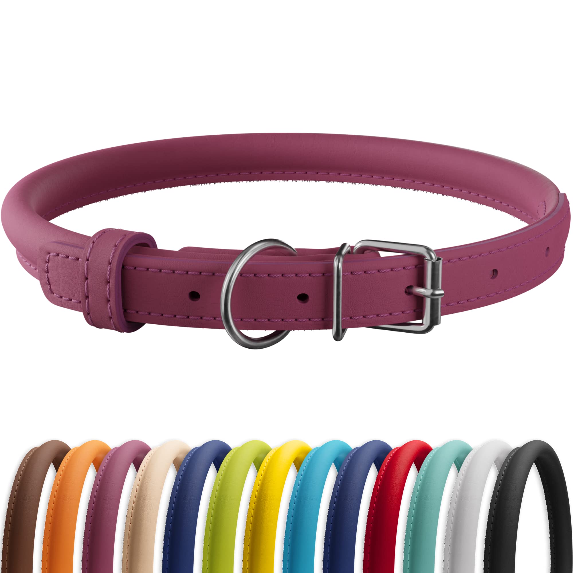 CollarDirect Rolled Leather Dog Collar, Soft Padded Round Puppy Collar, Handmade Genuine Leather Collar Dog Small Large Cat Collars 13 Colors (12-15 Inch, Pink Smooth)