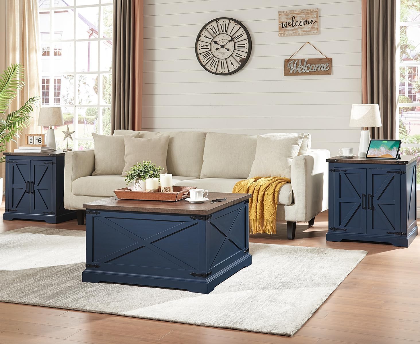 Farmhouse Square Coffee Table with Storage, Wood Center Table with Hinged Lift Top, Rustic Cocktail Table with Large Hidden Storage Compartment for Living Room, Bedroom,Navy Blue