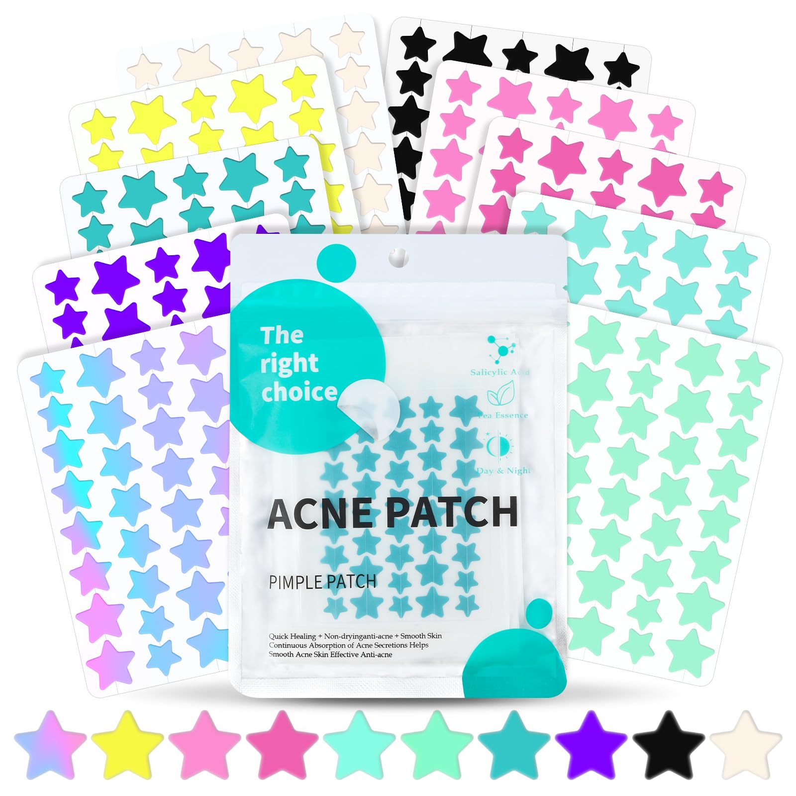 BUTBU 400 Stücks Sternförmiges Pimple Patch, Hydrokolloid Pickel-Patch Unsichtbare, Tag & Nacht 2-in-1 Akne Pflaster,mit Salicylsäure & Teebaumöl & Centella Asiatica,Wasserdicht Atmungsaktiv-10 color