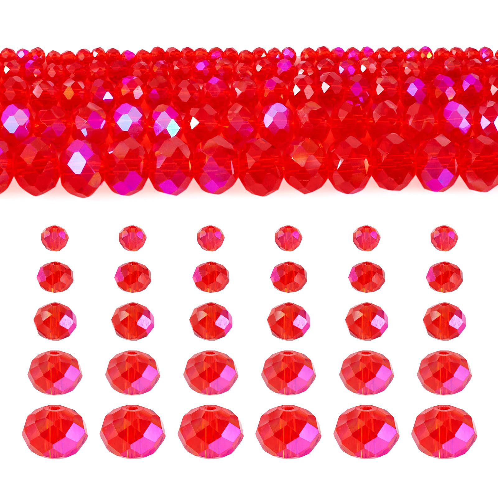 Spritewelry 5 Strings Faceted Rondelle Glass Bead 3/4/6/8/10mm Half Rainbow Plated Red Crystal Spacer Beads for Bracelet Necklace Jewelry Making