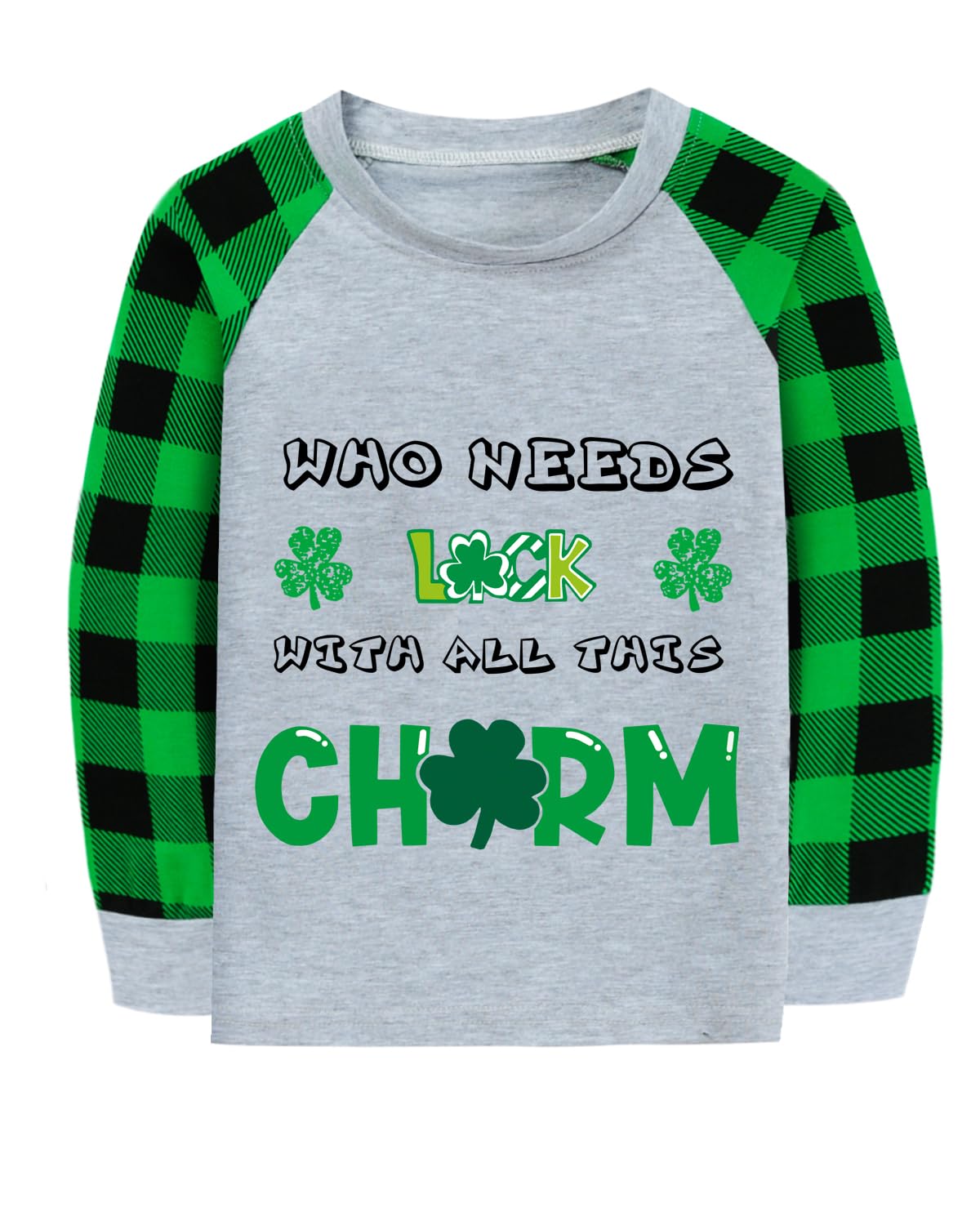 CM-Kid Toddler Boys Girls St Patricks Day Shirts Clover Dino Tractor Irish Green Plaid Sleeve Tshirt for Kids Tops 2-7 Years