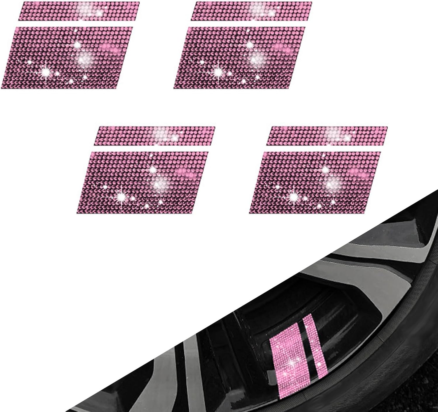 UGSHY 4 PCS Bling Car Wheel Rim Stickers, 2.4" x 1.2" Personalized Decorative Decals with Sparkling Lines, Diamond-Encrusted Wheel Stickers for 18 to 21" Wheel, Universal for Car Accessories (Pink)