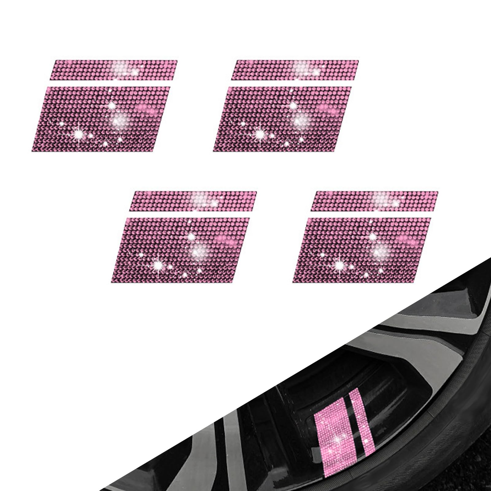 UGSHY 4 PCS Bling Car Wheel Rim Stickers, 2.4" x 1.2" Personalized Decorative Decals with Sparkling Lines, Diamond-Encrusted Wheel Stickers for 18 to 21" Wheel, Universal for Car Accessories (Pink)